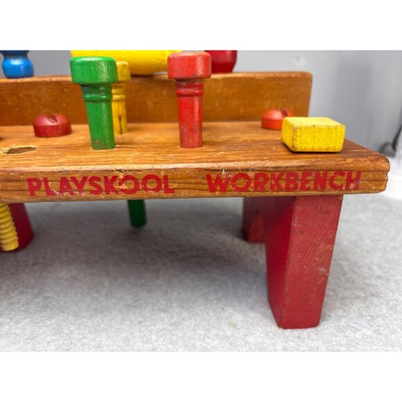 Vintage Playskool Wooden Workbench with Hammer & Pegs Set 1960s - Picture 2 of 9